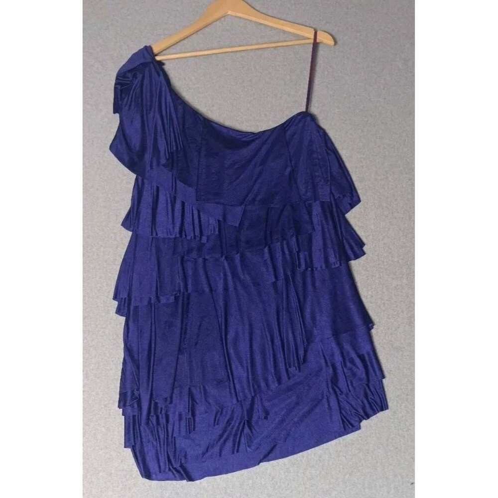 BCBG Maxazria One Shoulder Tiered Ruffle Layered Mini Cocktail Dress L Blue Y2K - Picture 13 of 13